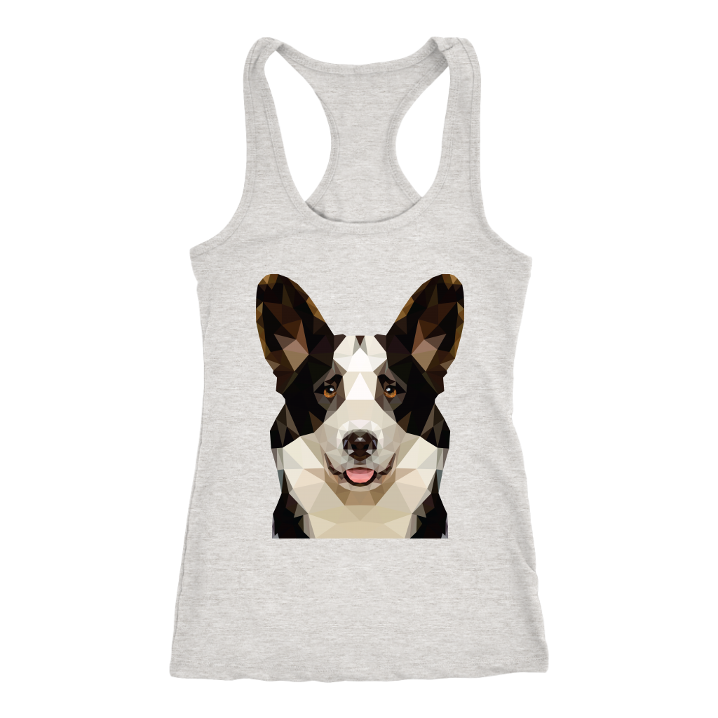 A racerback tank top with a cardigan corgi made of polygonal art. The tank is heather grey.