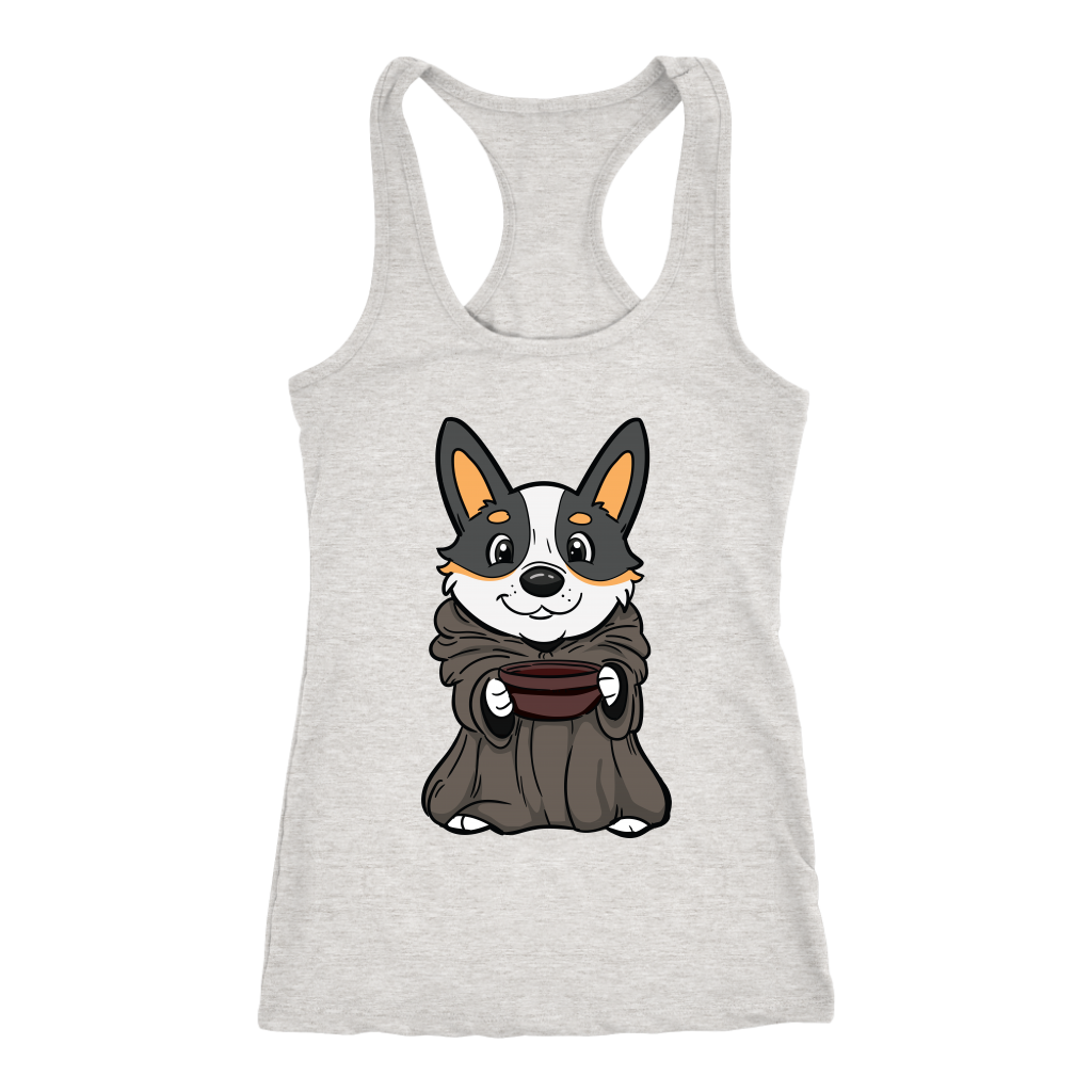 A racerback tank top with a picture of a corgi dressed as baby yoda. The tank is heather-grey. 