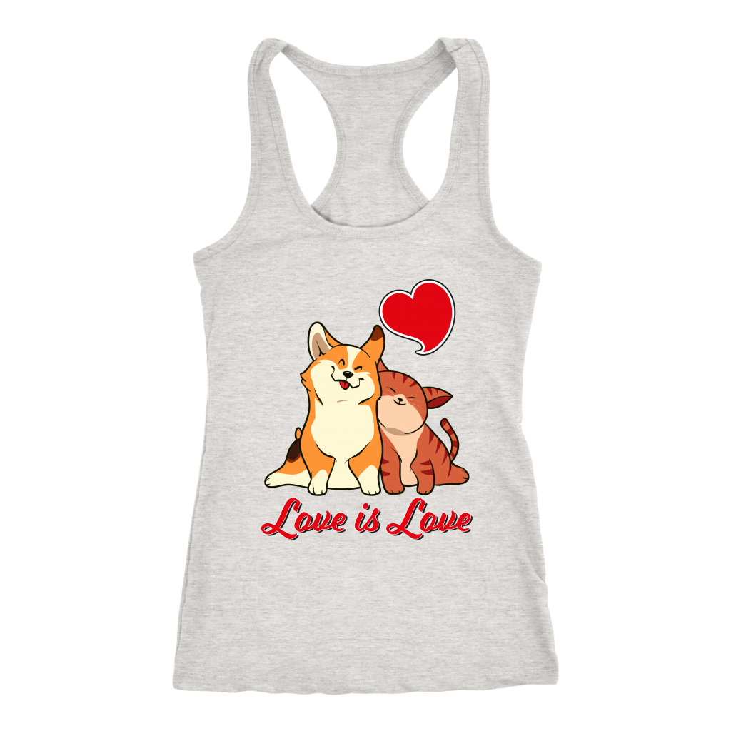 a racerback tank top with a corgi snuggling a cat. The text says "Love is Love" and the tank top is heather grey.