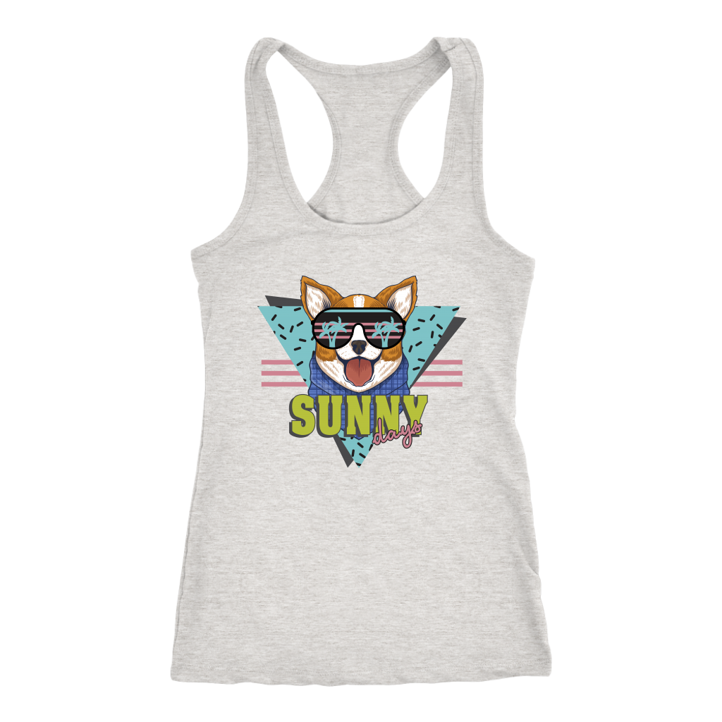 A racerback tank top with the text "Sunny Days" with a corgi's face above to the text. The tank top is heather grey.