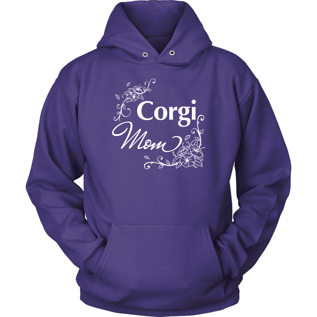 A hoodie with the text "Corgi Mom" and flower line designs. The hoodie is purple. 