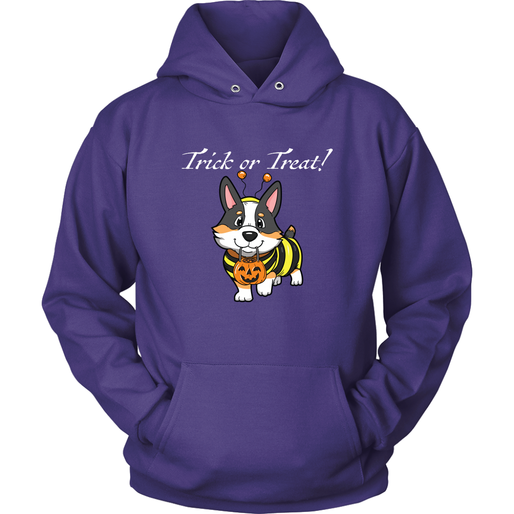 The design is a tricolor corgi wearing a bumblebee costume with the text "Trick or Treat". The hoodie is purple.