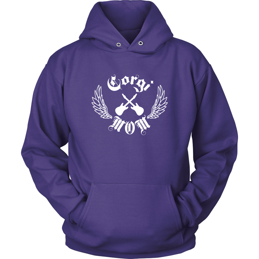 The image if of a hoodie. The text on the hoodie says "Corgi Mom" in old english font. There are also crossed electric guitars and line-art wings. The hoodie is purple. 