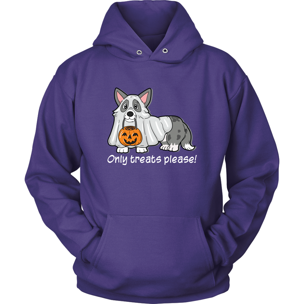 A purple hoodie with a cardigan corgi in a ghost costume, with the text "Only tricks please!" 