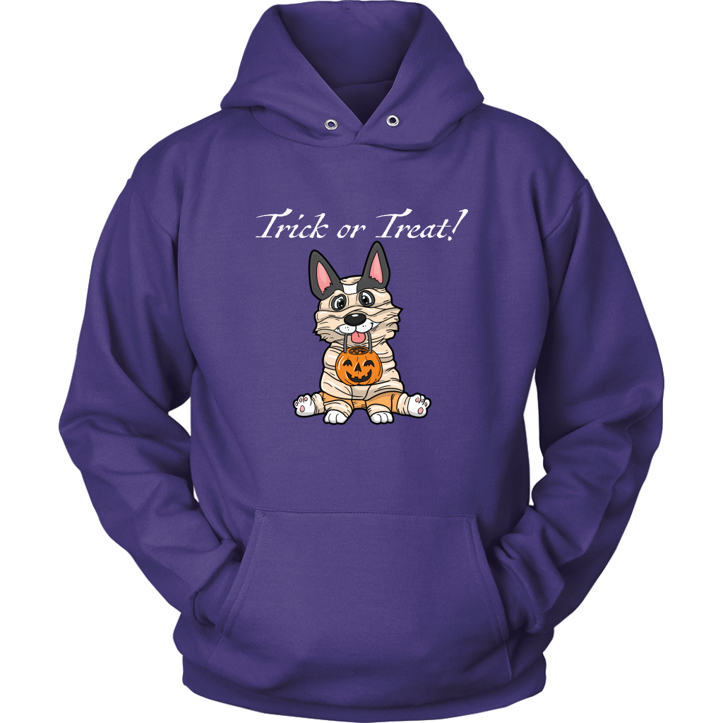 A hoodie with a tricolor corgi wearing a mummy costume. The text says "Trick or Treat" and the hoodie is purple.