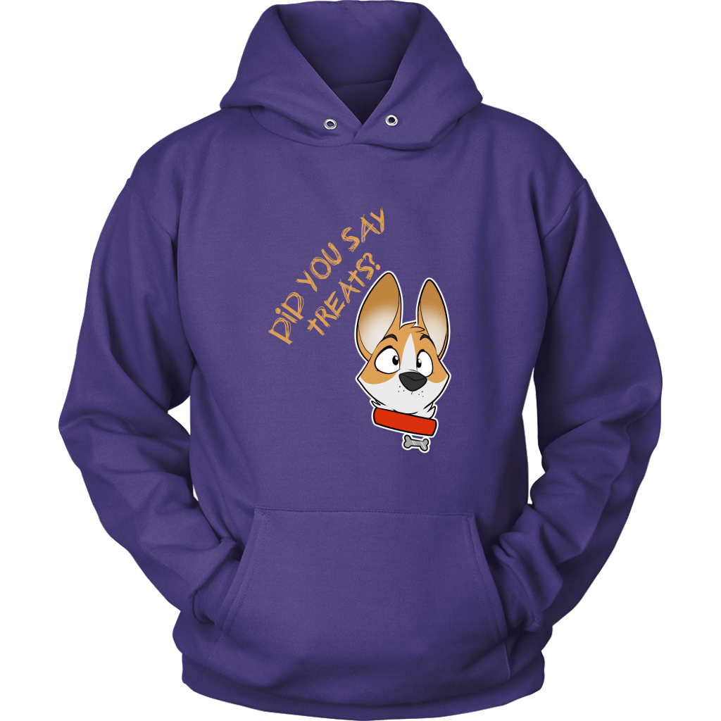 A hooded sweatshirt with it's sleeves tucked in the front pouch as though the wearer has their hands in the pocket. The hoodie is dark purple and depicts a surprised looking corgi. The text says "Did you say treats?"