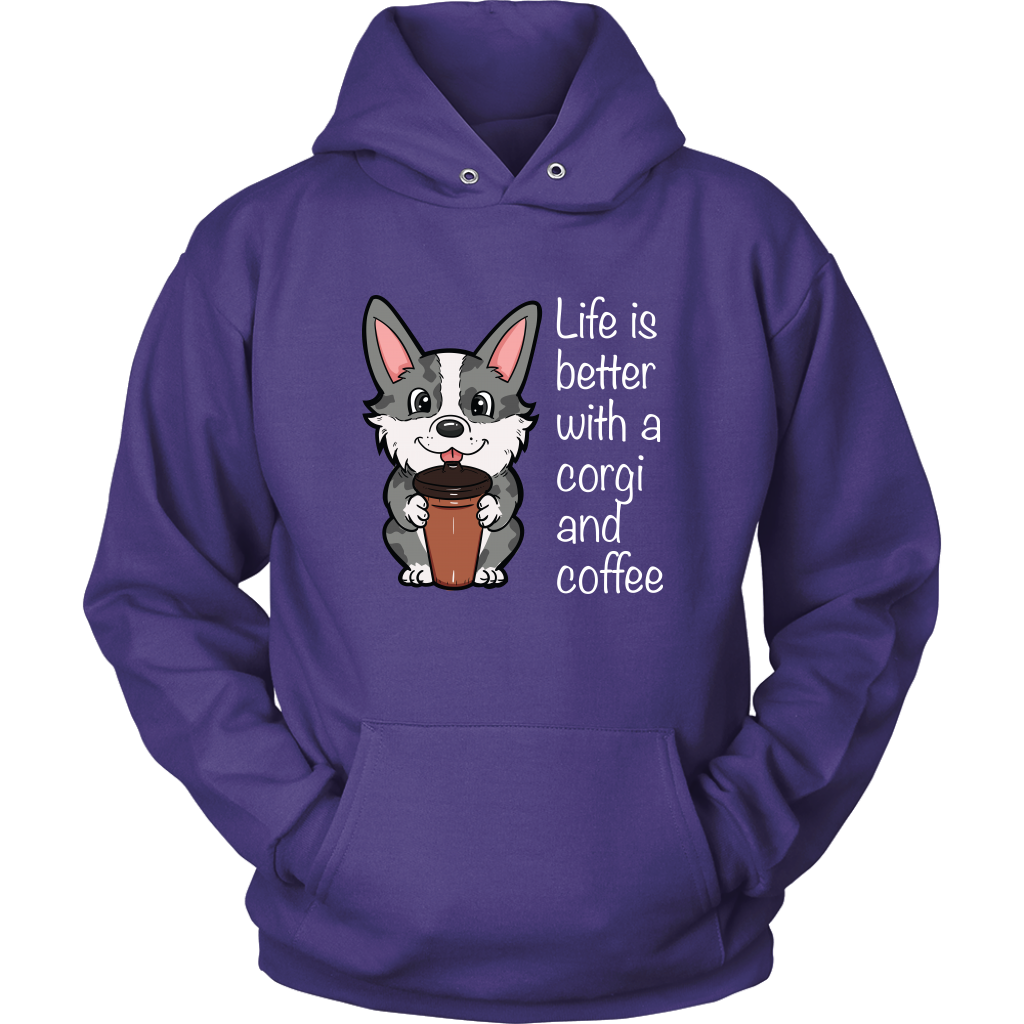 A hoodie with a cardigan corgi holding a cup of coffee. The text says "Life is better with a corgi and coffee". The sweatshirt is purple.