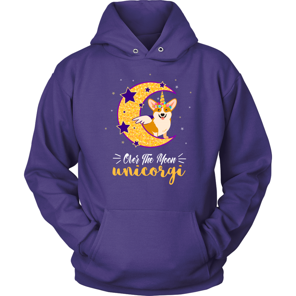 A hooded sweatshirt that is purple that has a corgi that has a unicorn and wings while sitting on a crescent moon. The text says "Over the moon Unicorgi".