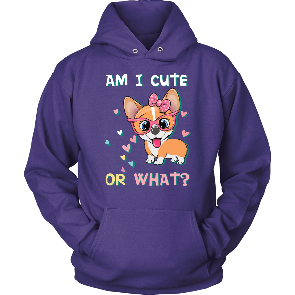 A hoodie with the text "Am I cute or What?" with a picture of an adorable, smiling corgi. The hoodie is purple.