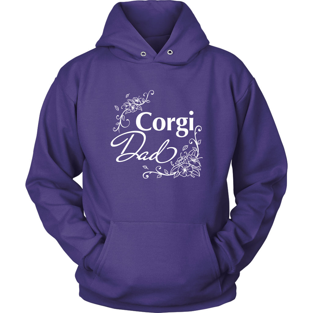 A hoodie with the text "Corgi Dad" and flower line designs. The hoodie is purple colored.