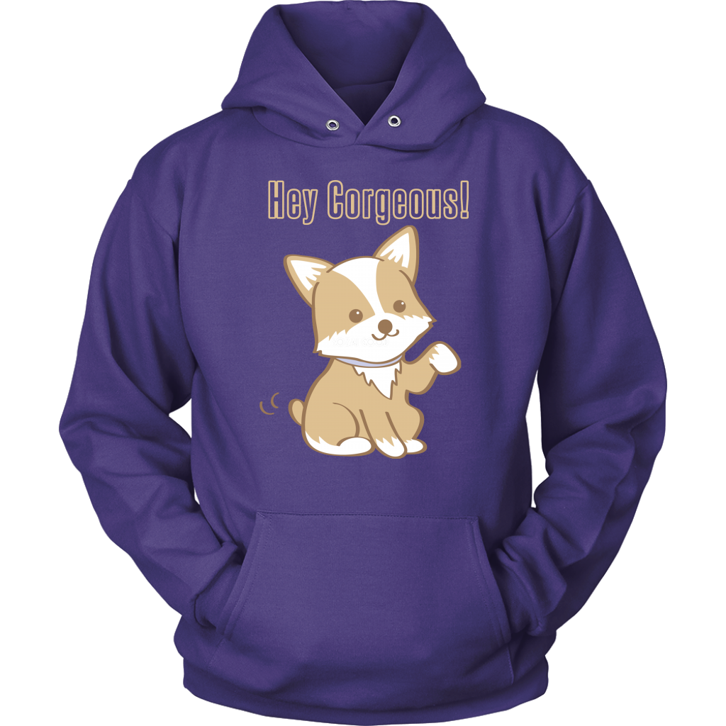 A hoodie with the text "Hey Corgeous!" and a waiving corgi. The hoodie is dark purple. 