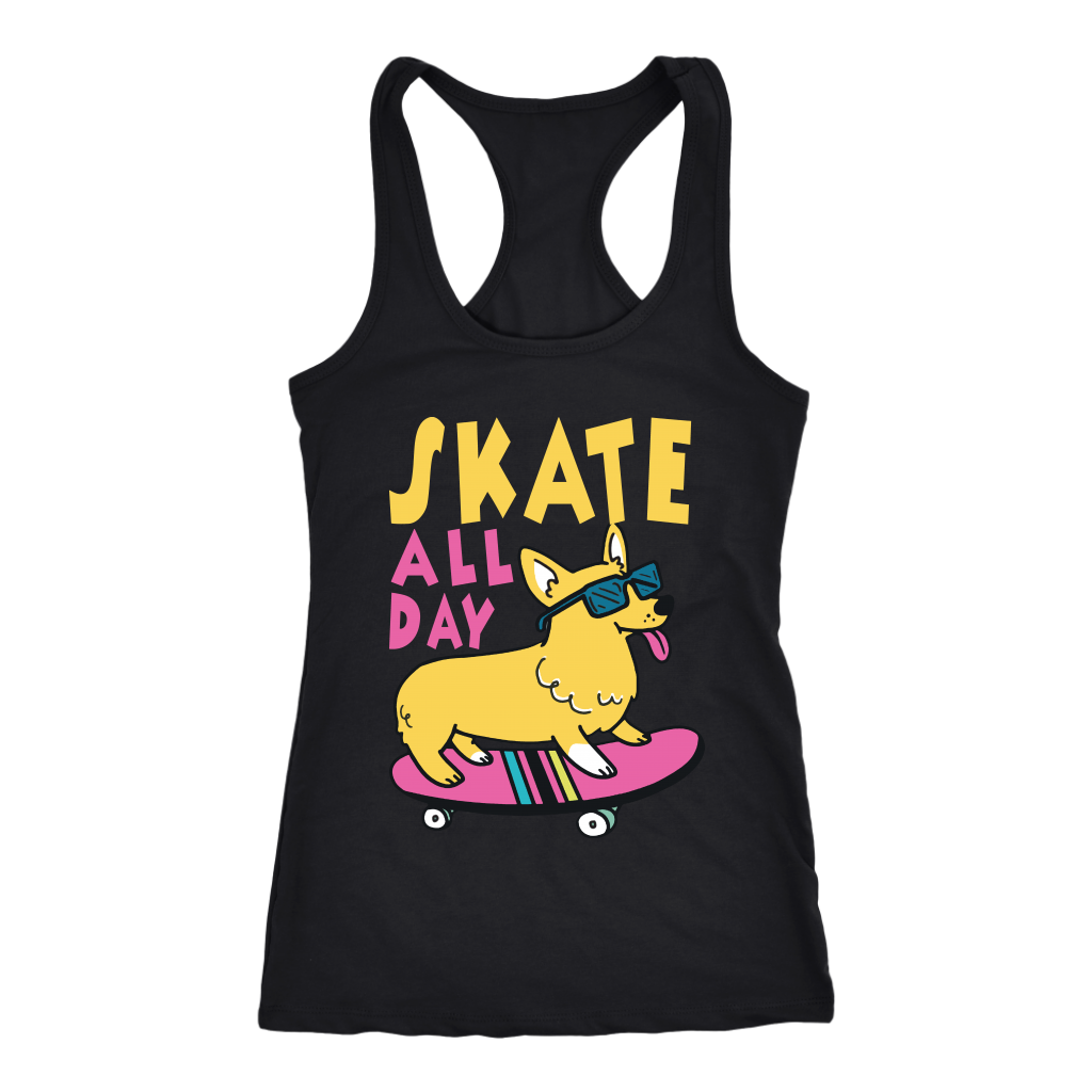 A racerback tank top with the text "Skate all day" with a skateboarding corgi next to the text. The tank top is black.