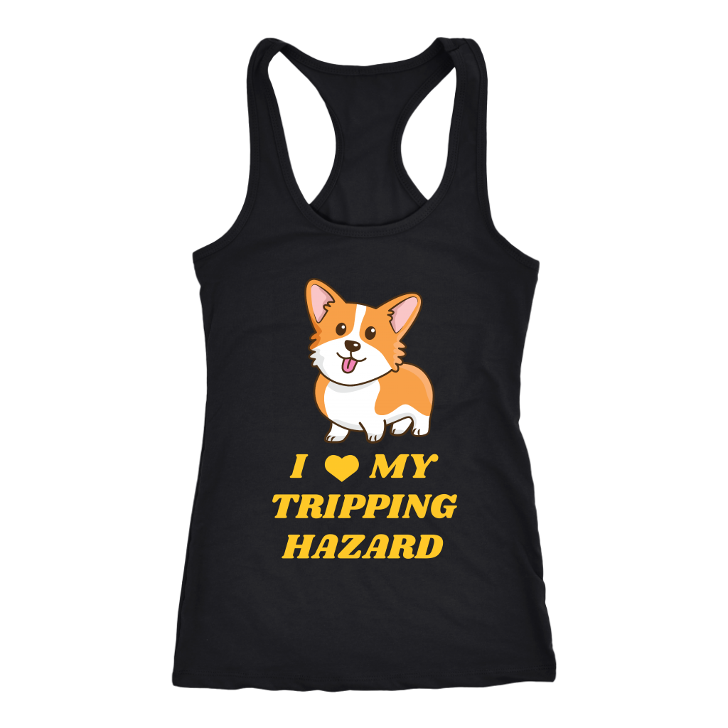 A racerback tank top with the text "I love my tripping hazard" with a picture of a corgi. The tank top is black.