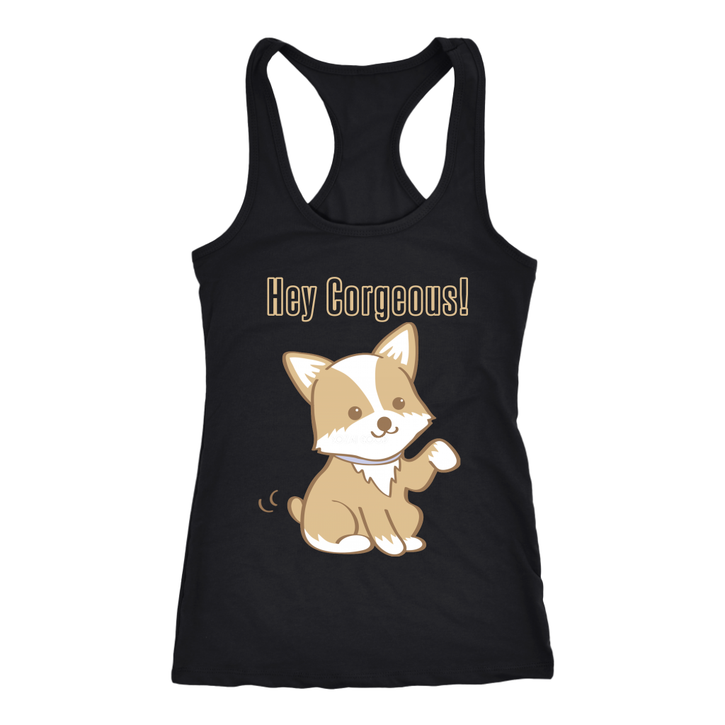 A racerback tank top with the text "Hey Corgeous" with a picture of a corgi waving. The tank top is black.