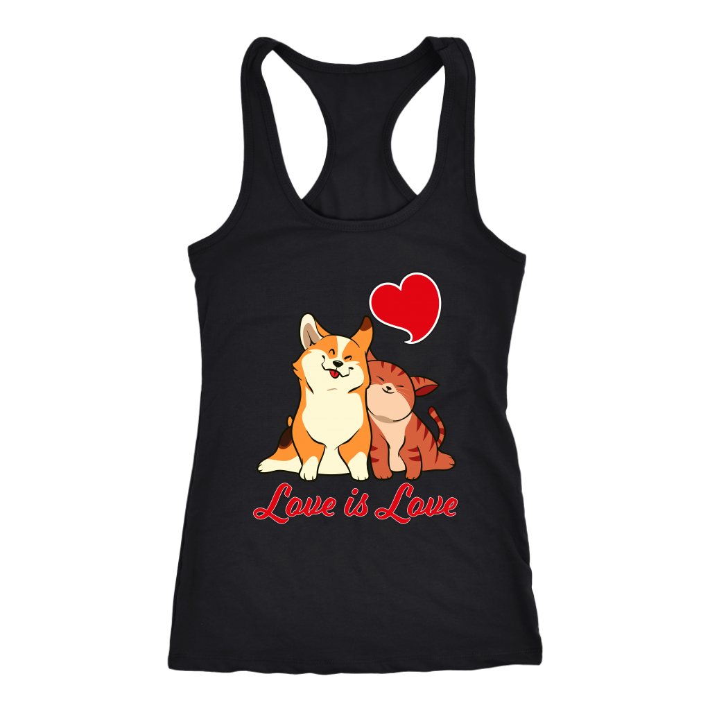 A racerback tank top with a corgi snuggling a cat. The text says "Love is Love" and the tank top is black.