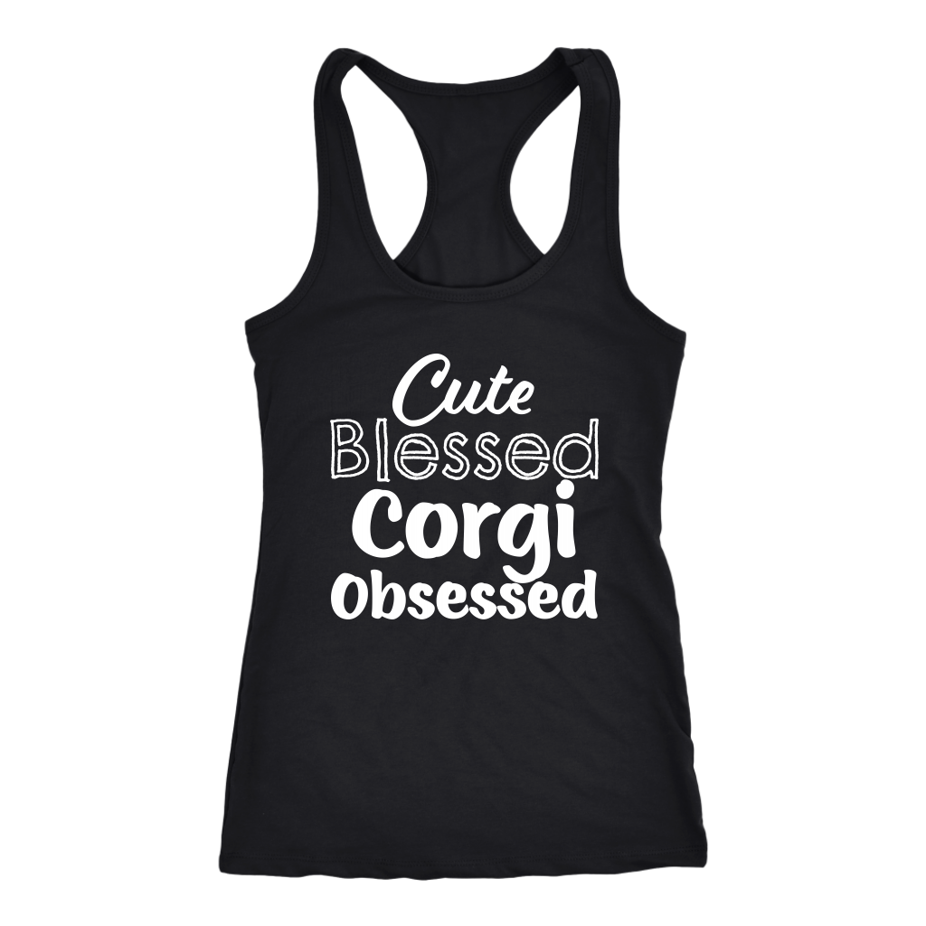 A racerback tank top with the text "Cute Blessed Corgi Obsessed". The tank top is black.