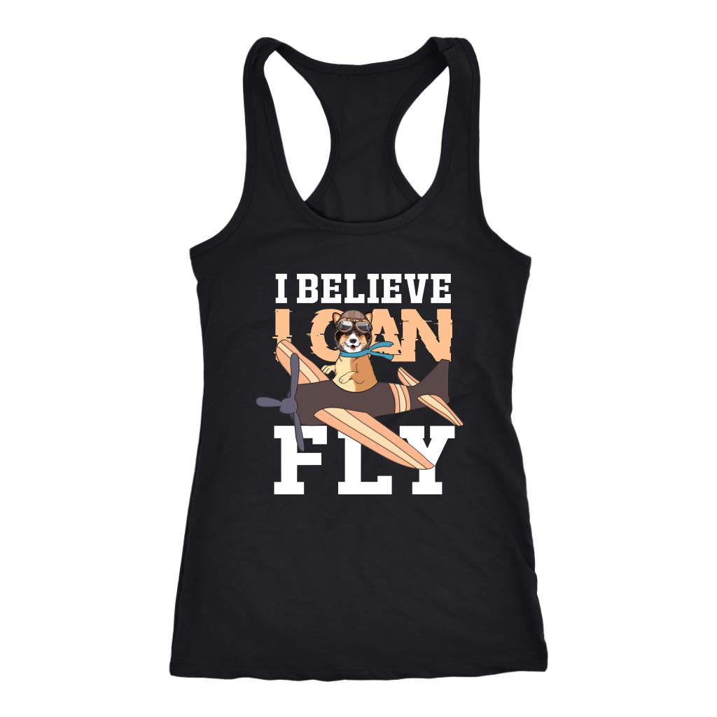 A racerback tank top with the text "I believe I can fly" with a picture of a corgi in a biplane. The tank top is black.