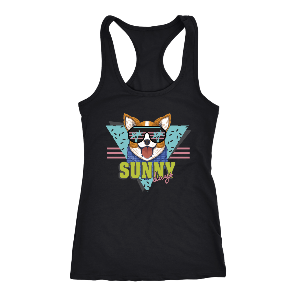 A racerback tank top with the text "Sunny Days" with a corgi's face above to the text. The tank top is black.