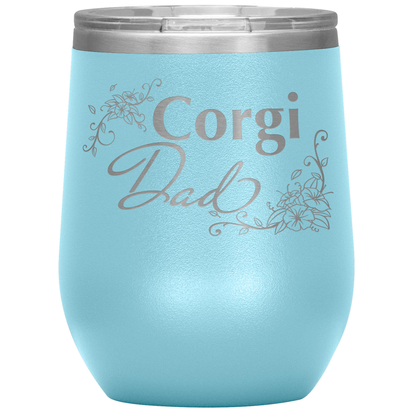 A light blue 12oz tumbler with the text "Corgi Dad" in a flowery font.