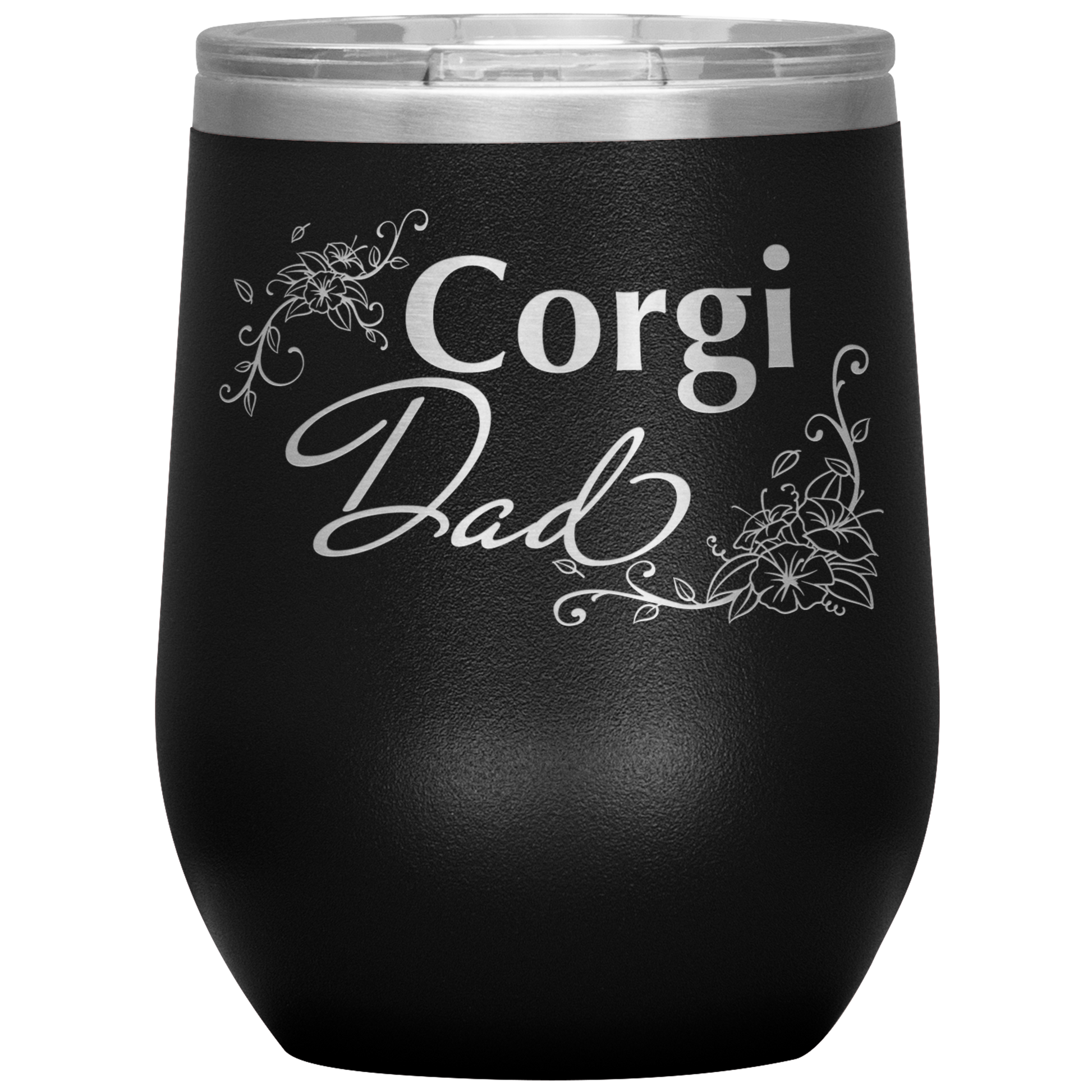 A black 12oz tumbler with the text "Corgi Dad" in a flowery font.