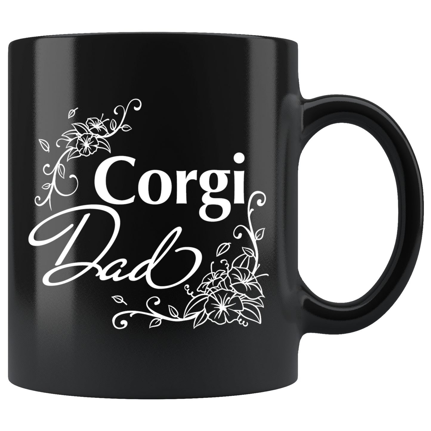 Black mug with flowery "Corgi Dad" text.