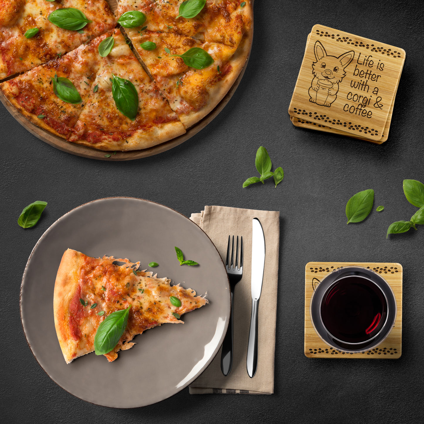 The bamboo coasters on a table with pizza.