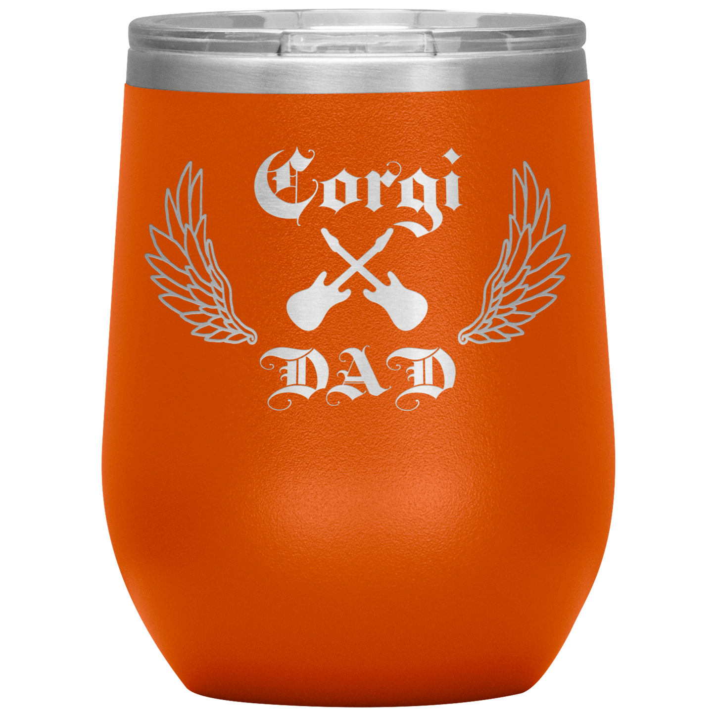 An insulated tumbler with the text "Corgi Dad" in a gothic style font with guitars and wings. The tumbler is orange.