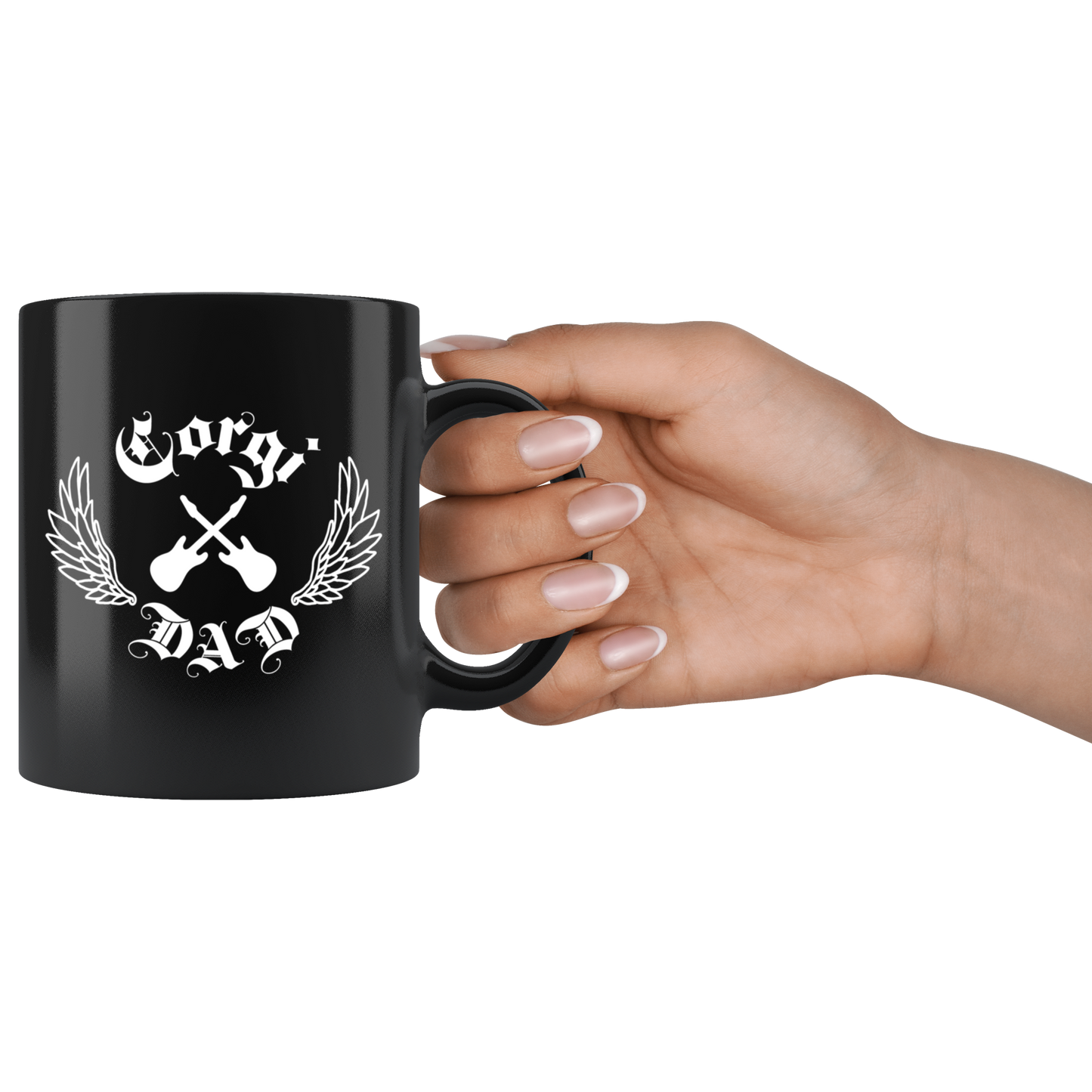 Black mug with Rock and Roll type font and "Corgi Dad" text. Showing a hand holding the mug.