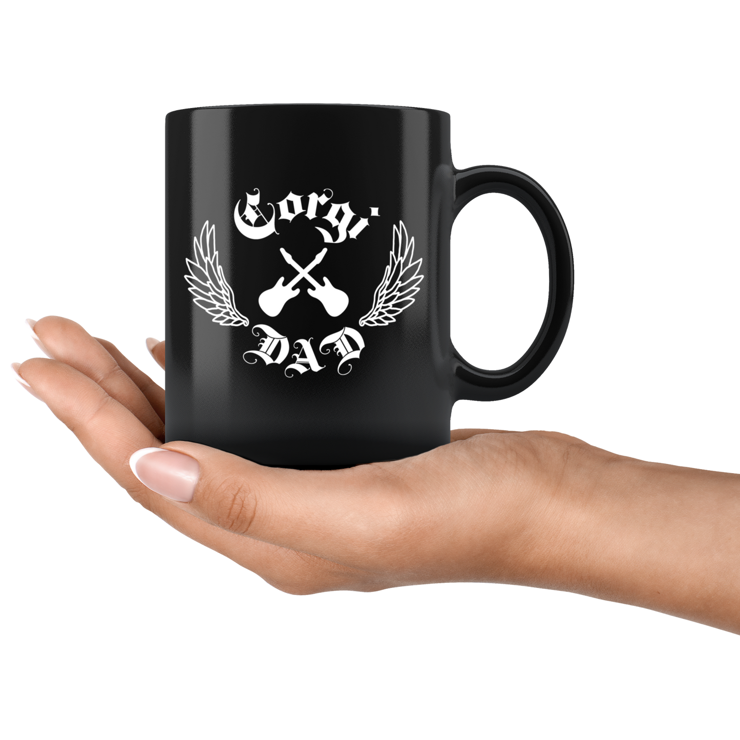 Black mug with Rock and Roll type font and "Corgi Dad" text. Showing a hand holding the mug.