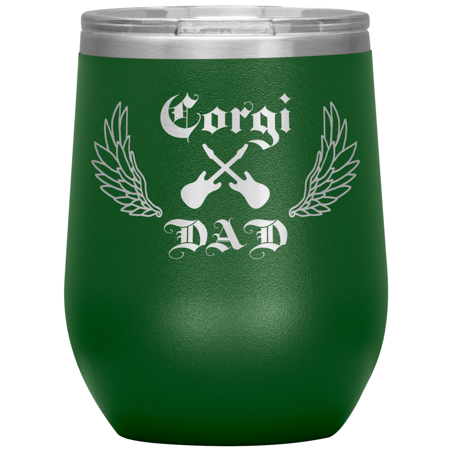 An insulated tumbler with the text "Corgi Dad" in a gothic style font with guitars and wings. The tumbler is green.