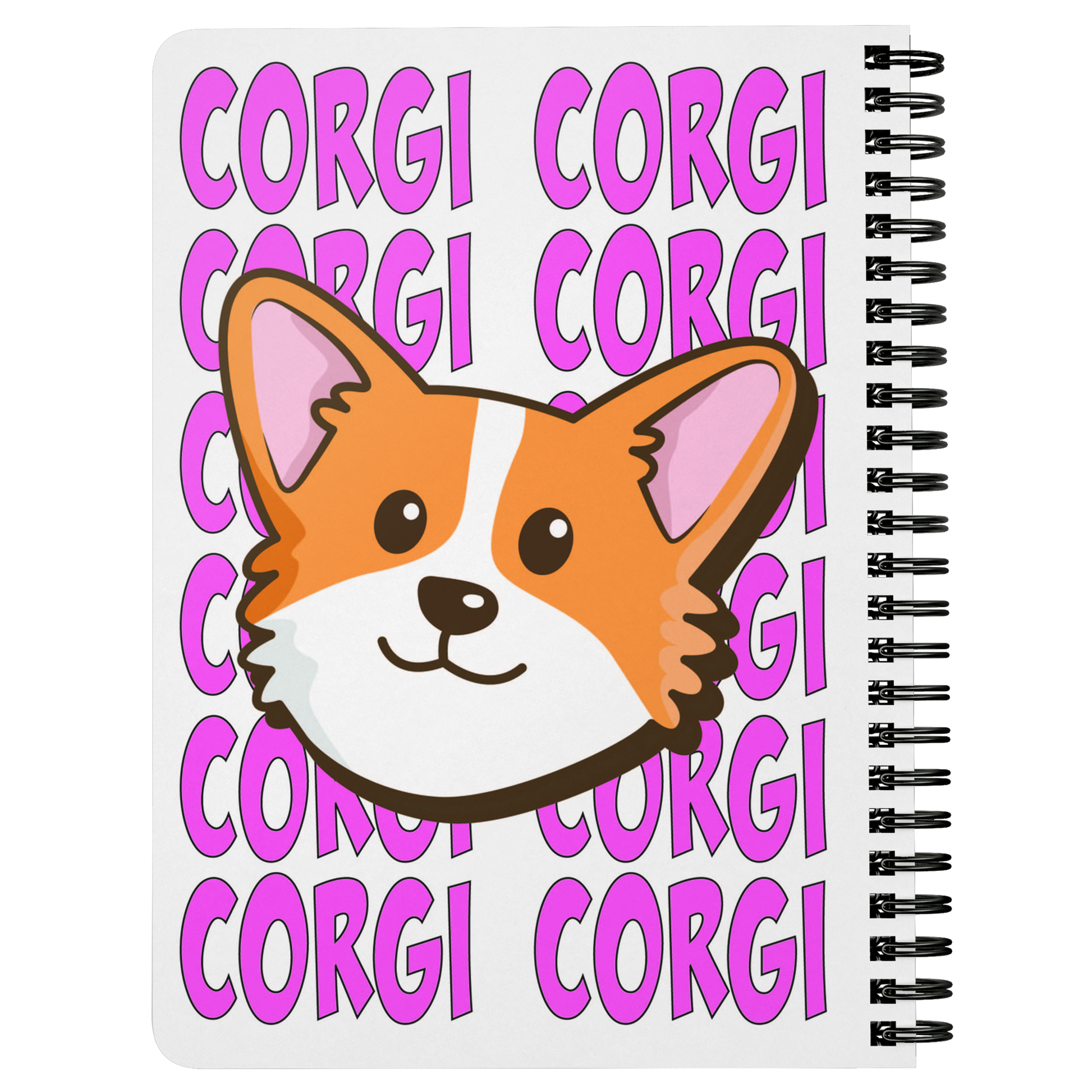 A journal with the face of a corgi with the background made of pink text saying "CORGI CORGI", showing the back.