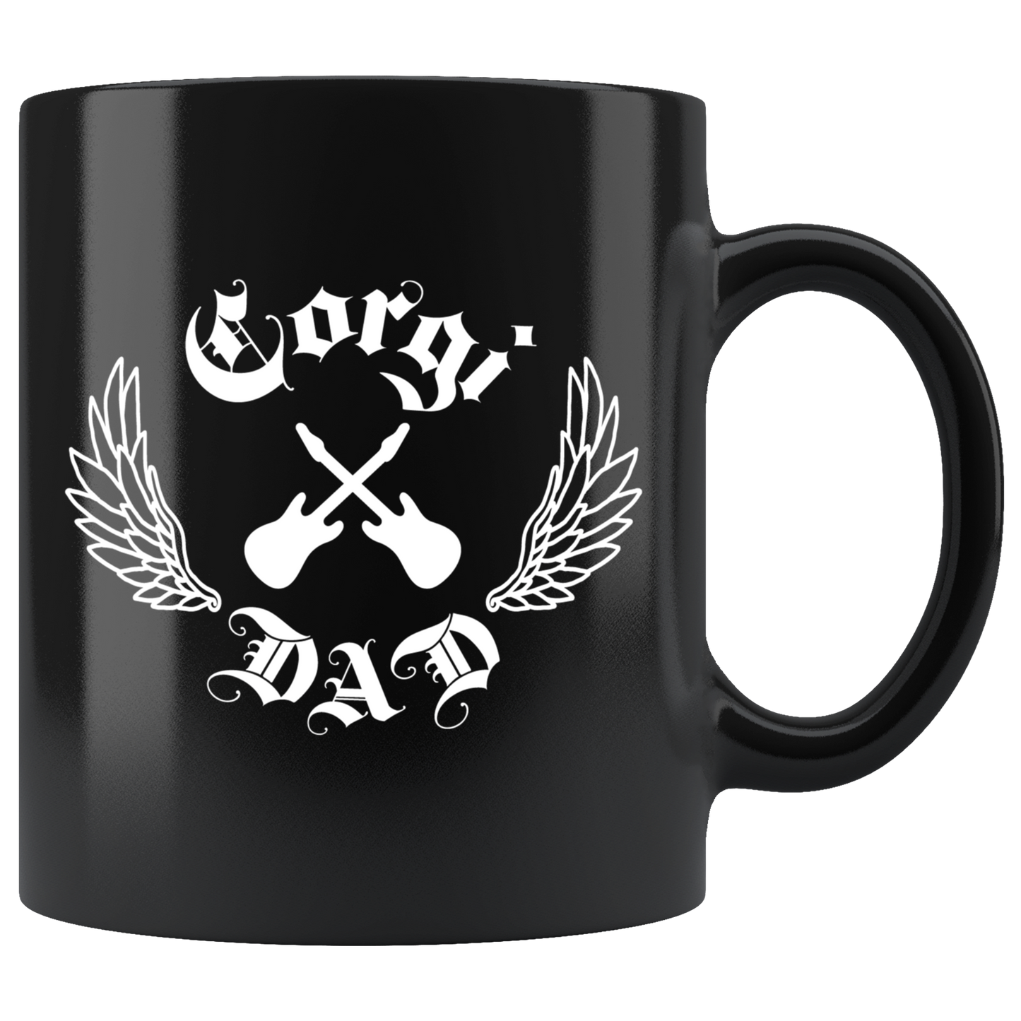 Black mug with Rock and Roll type font and "Corgi Dad" text.