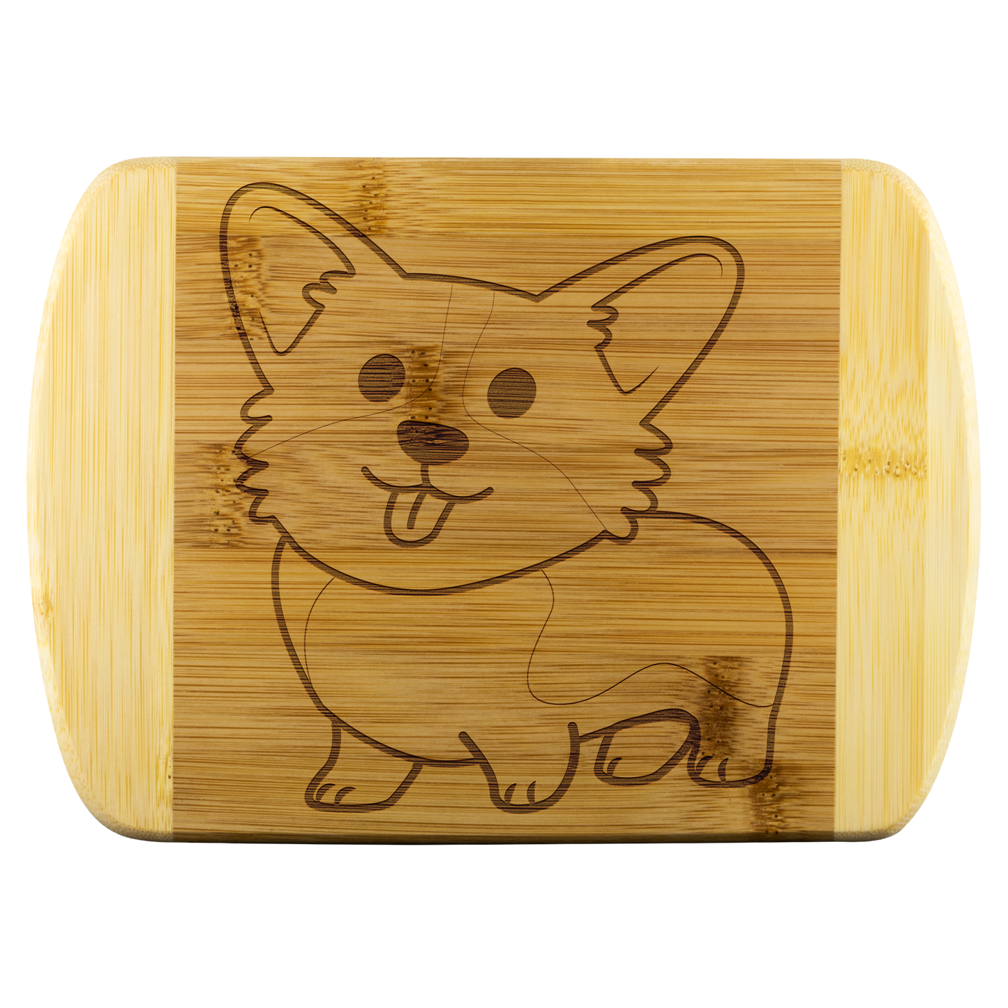 Picture of bamboo cutting board with corgi design etched in. 