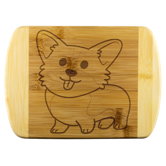 Picture of bamboo cutting board with corgi design etched in. 