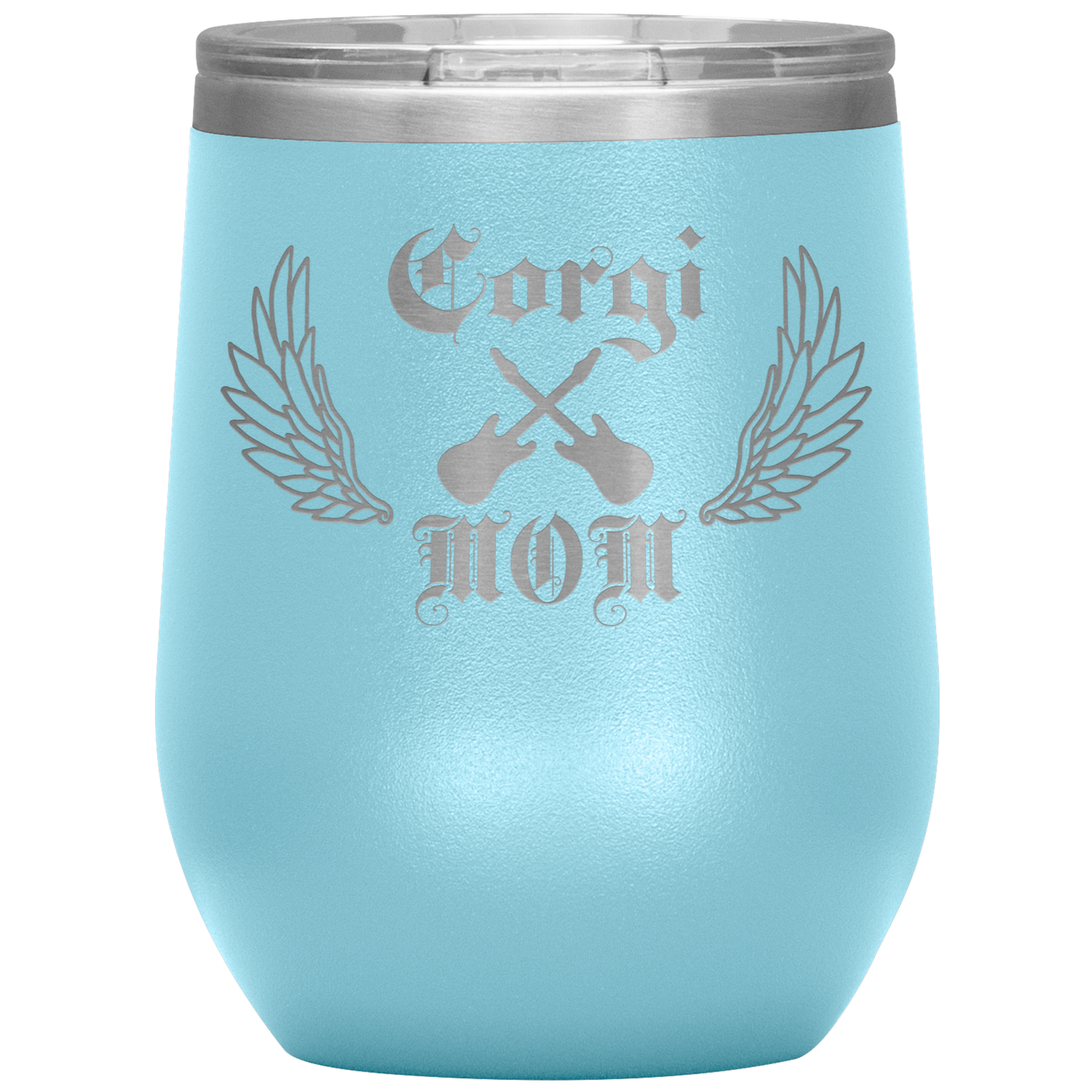 An insulated tumbler with the text "Corgi Mom" in a gothic style font with guitars and wings. The tumbler is light blue.