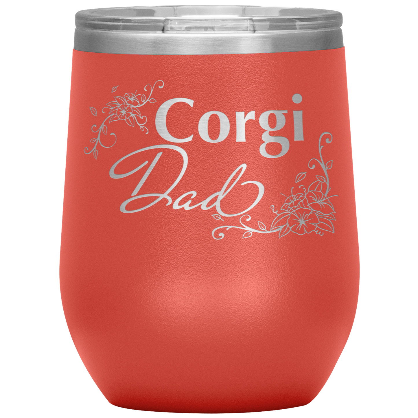 A coral-colored 12oz tumbler with the text "Corgi Dad" in a flowery font.