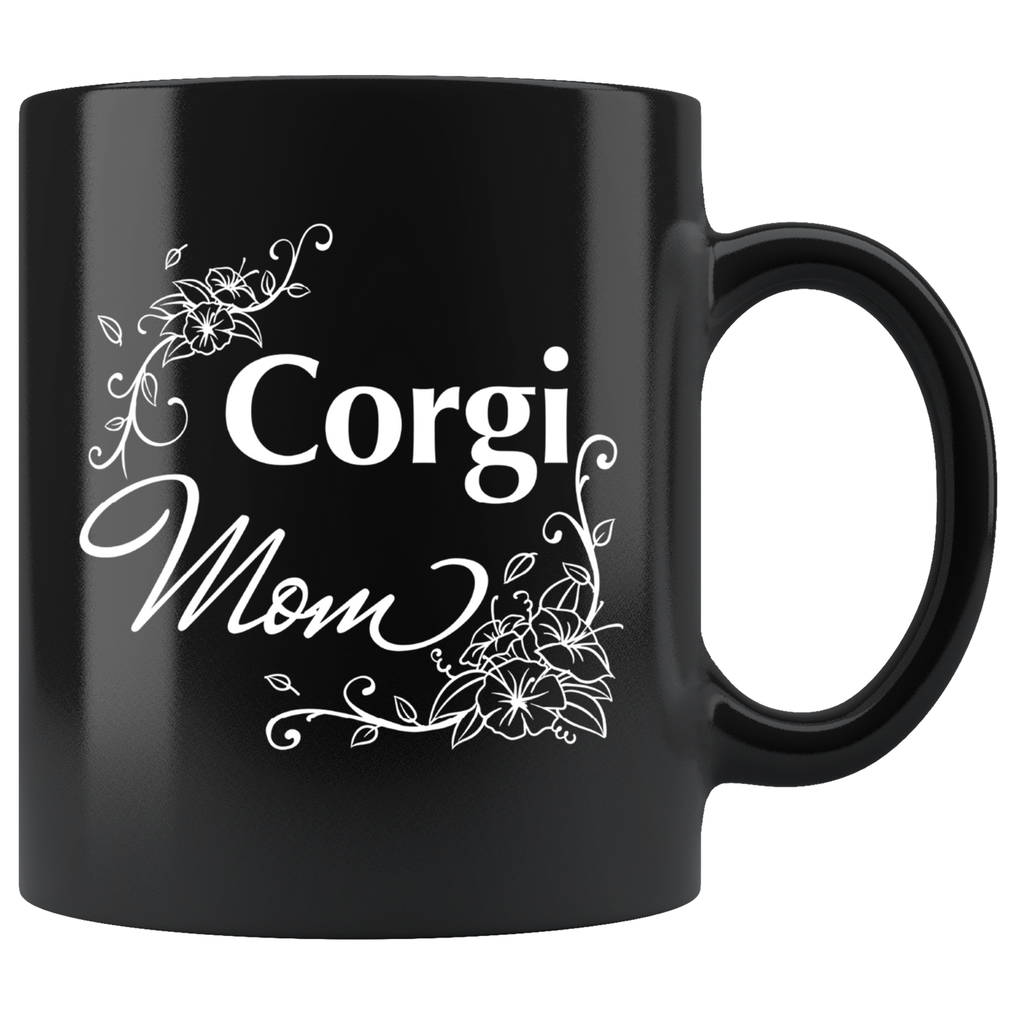 Black mug with flowery "Corgi Mom" text.