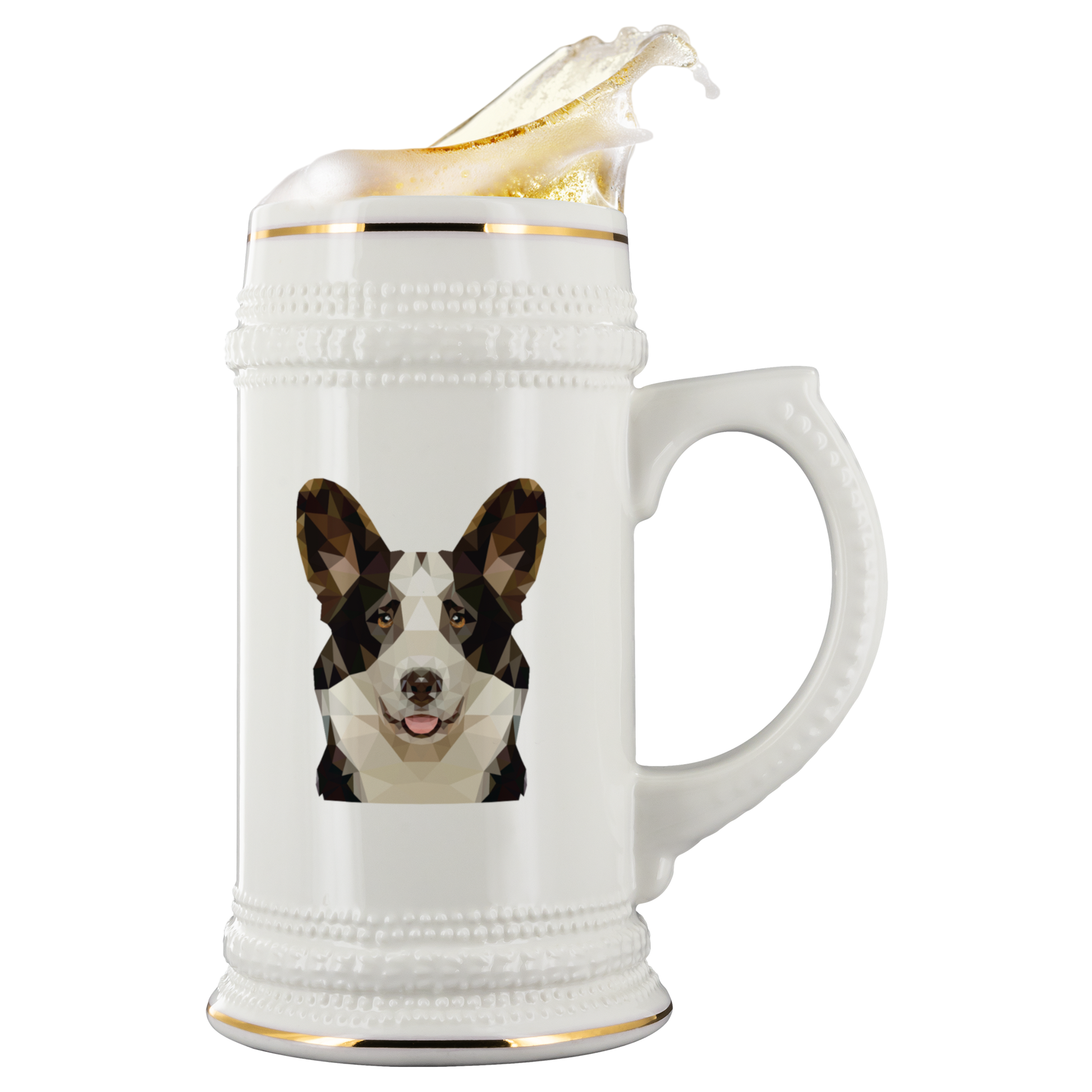 Beer stein with a polygonal cardigan corgi on it