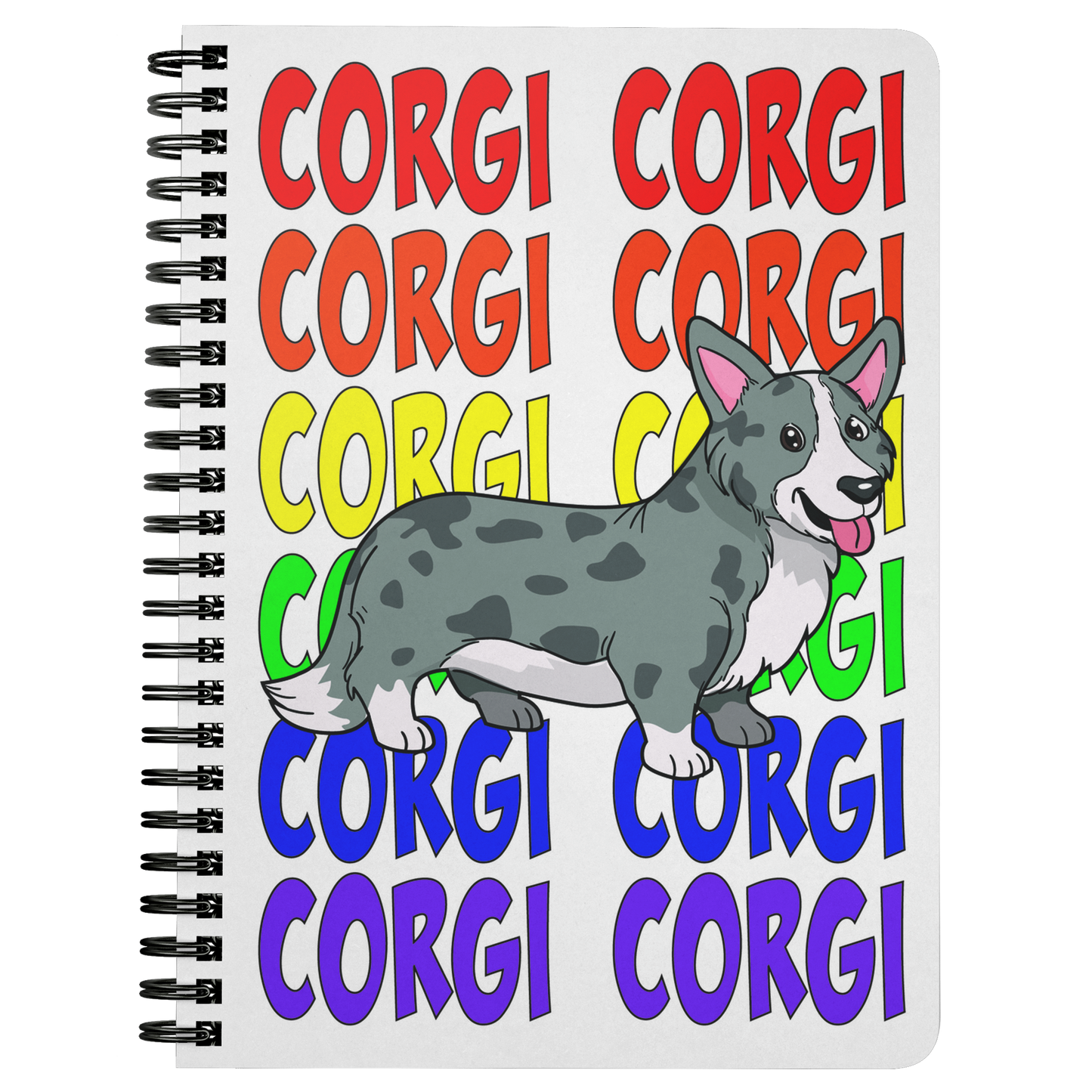 Journal with a cardigan corgi and the text "corgi" in rainbow colors.