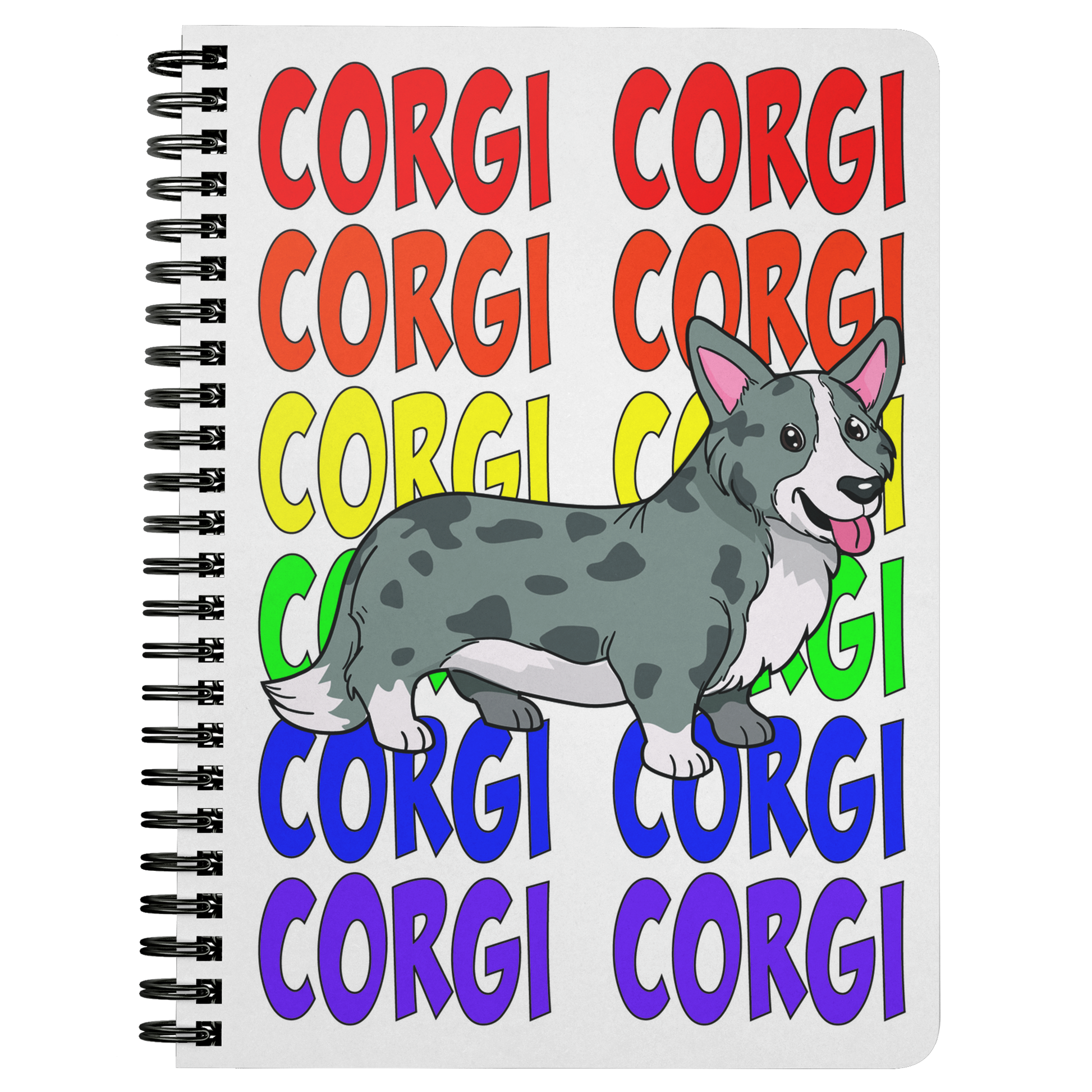 Journal with a cardigan corgi and the text "corgi" in rainbow colors.