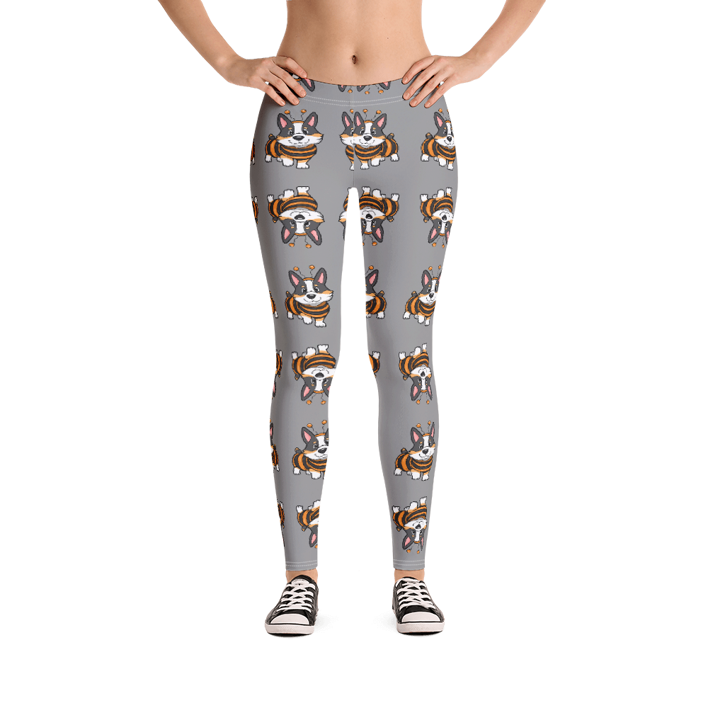 Grey leggings with a pattern of a tricolor corgi in a bumblebee halloween costume