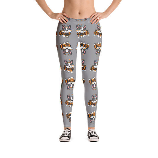 Grey leggings with a pattern of a tricolor corgi in a bumblebee halloween costume