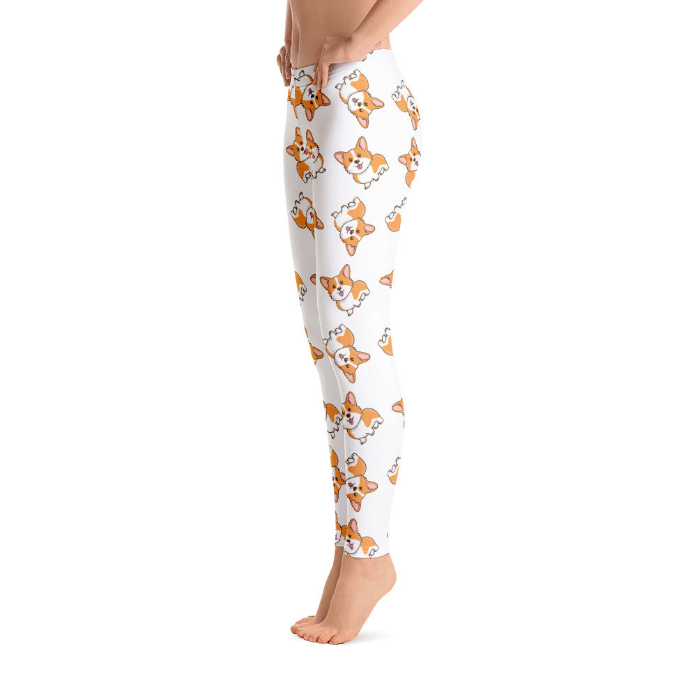 White leggings with a pattern of a fawn corgi.