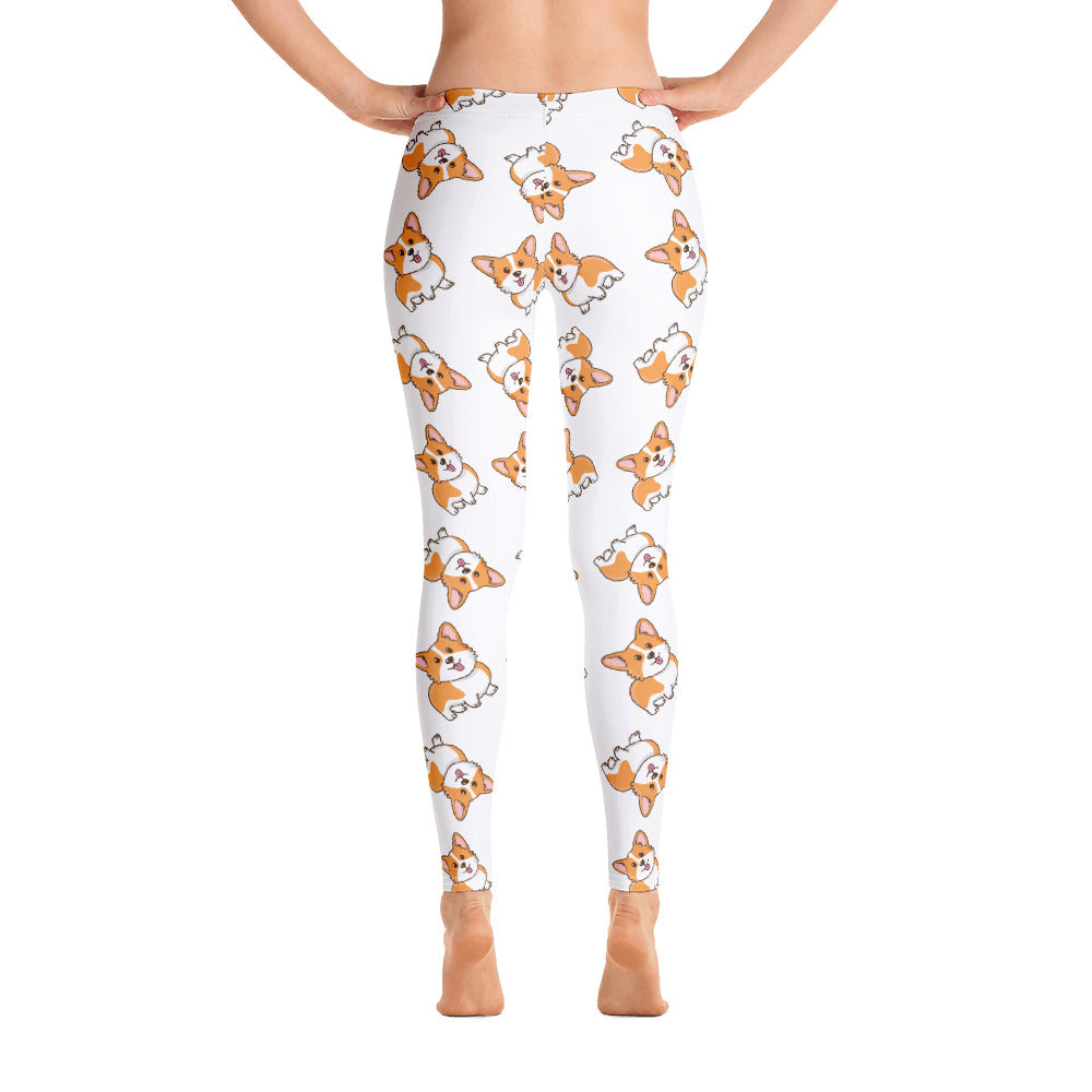 White leggings with a pattern of a fawn corgi.