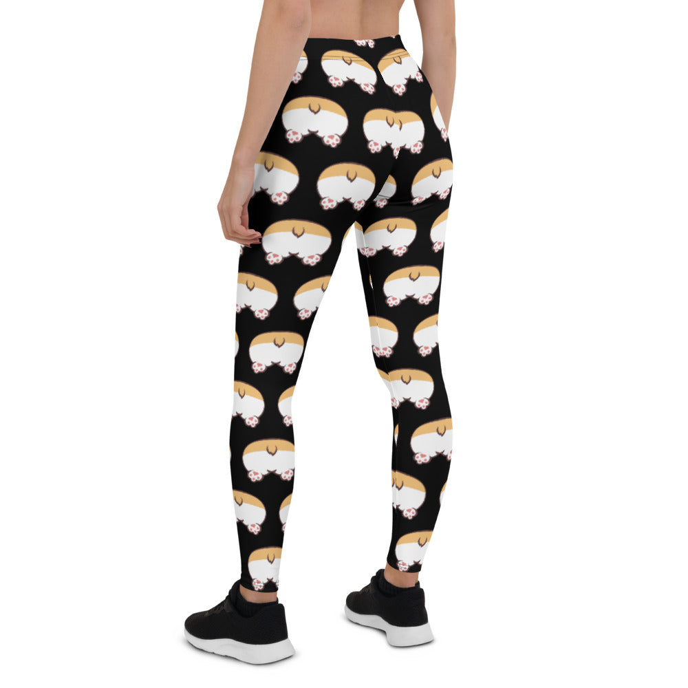 Black leggings with a corgi butt pattern