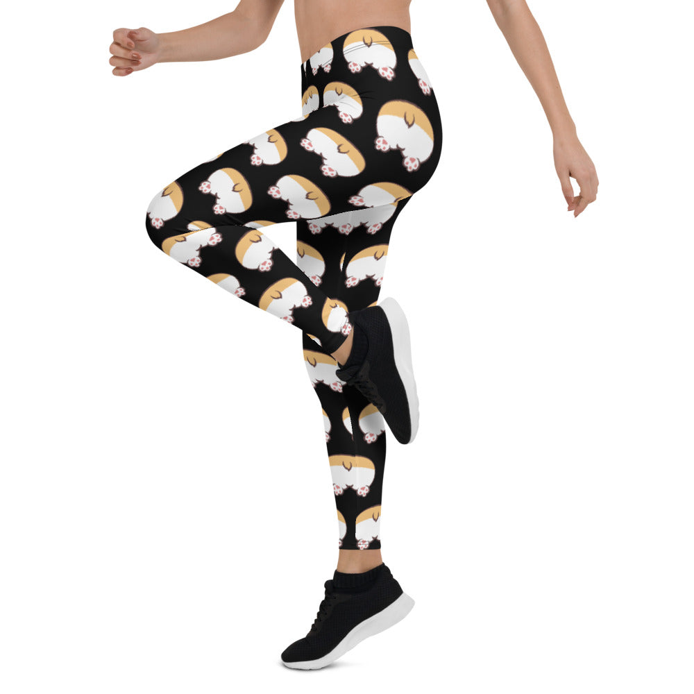 Black leggings with a corgi butt pattern