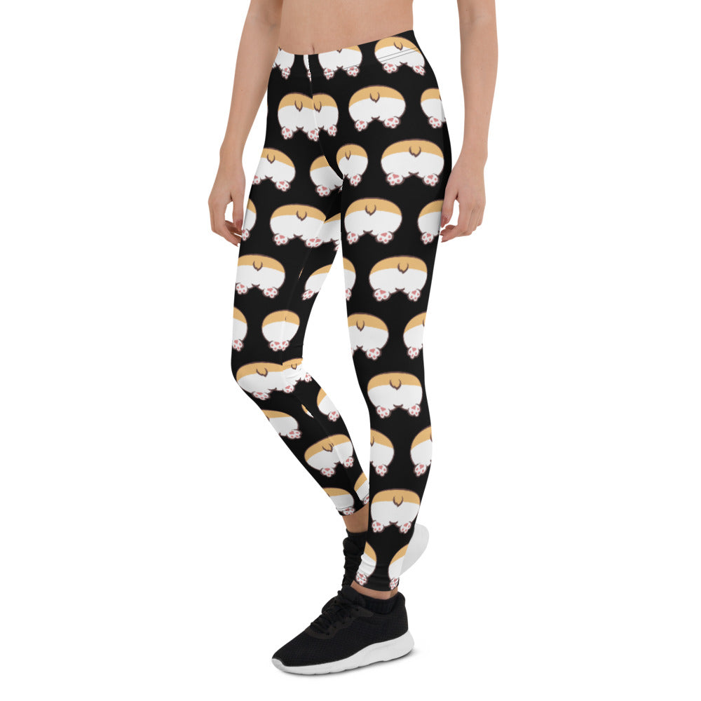 Black leggings with a corgi butt pattern