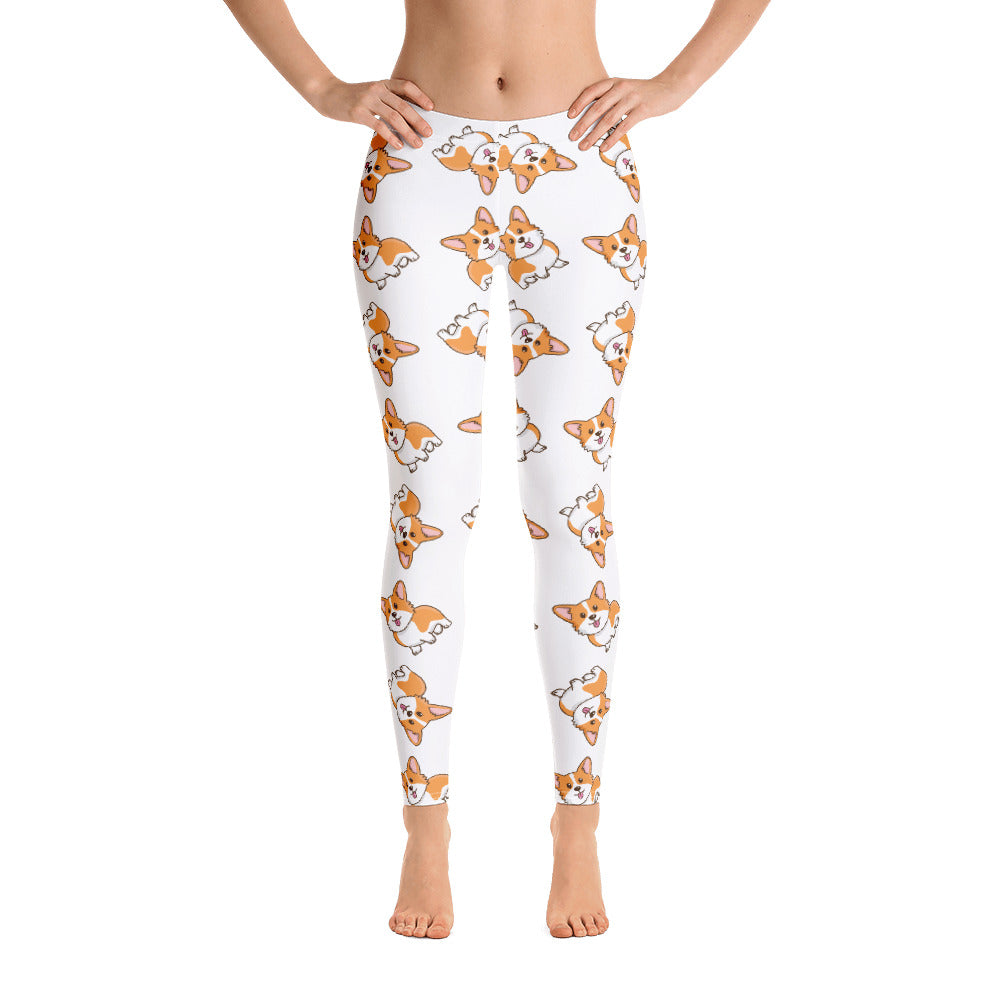 White leggings with a pattern of a fawn corgi.