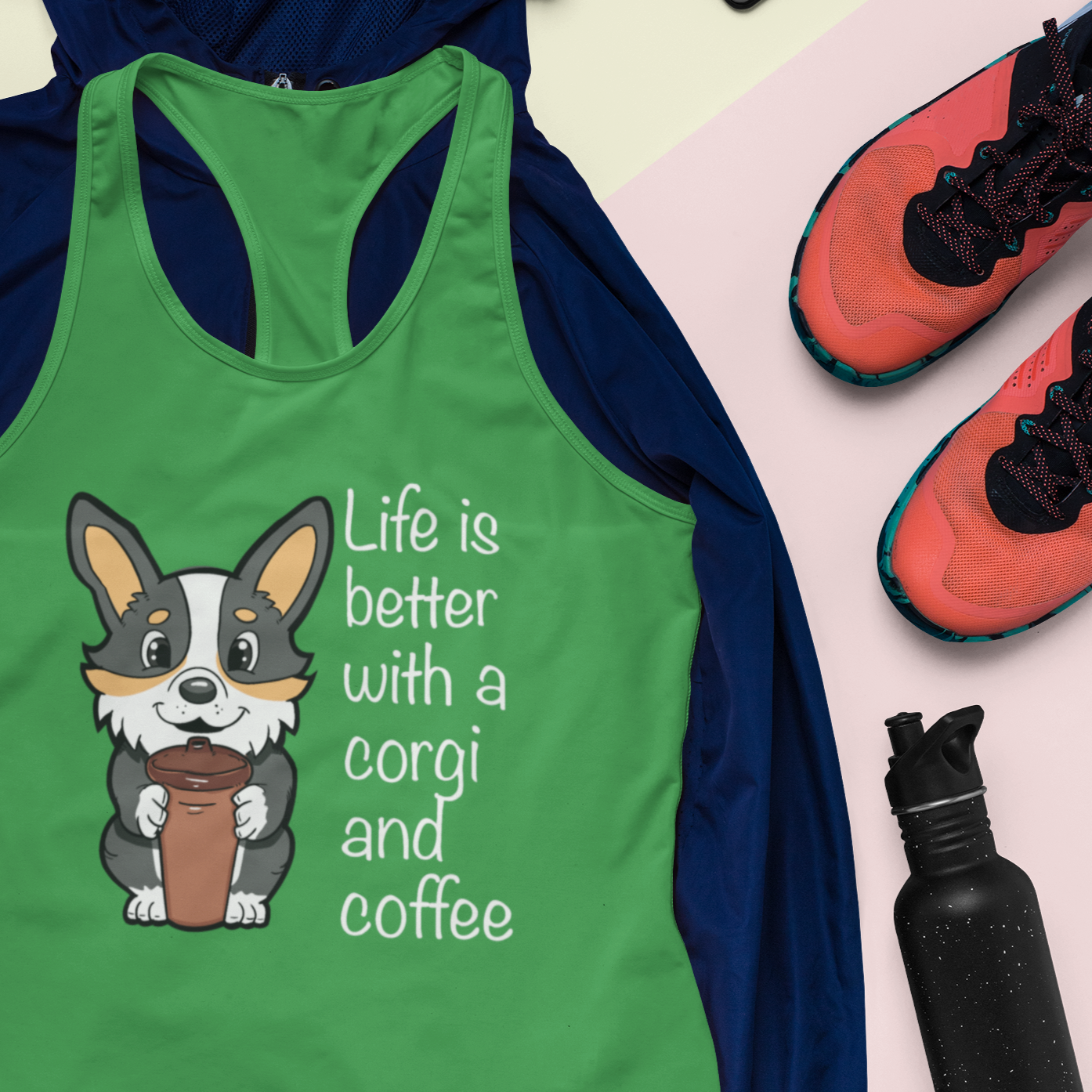 A flat lay of our racer back tank top that shows a tricolor corgi drinking a travel mug of coffee. There's text next to the corgi that says "Life is better with a corgi and coffee". The tank is green and is on top of a blue hoodie. There are shoes and a water bottle next to the clothes. 