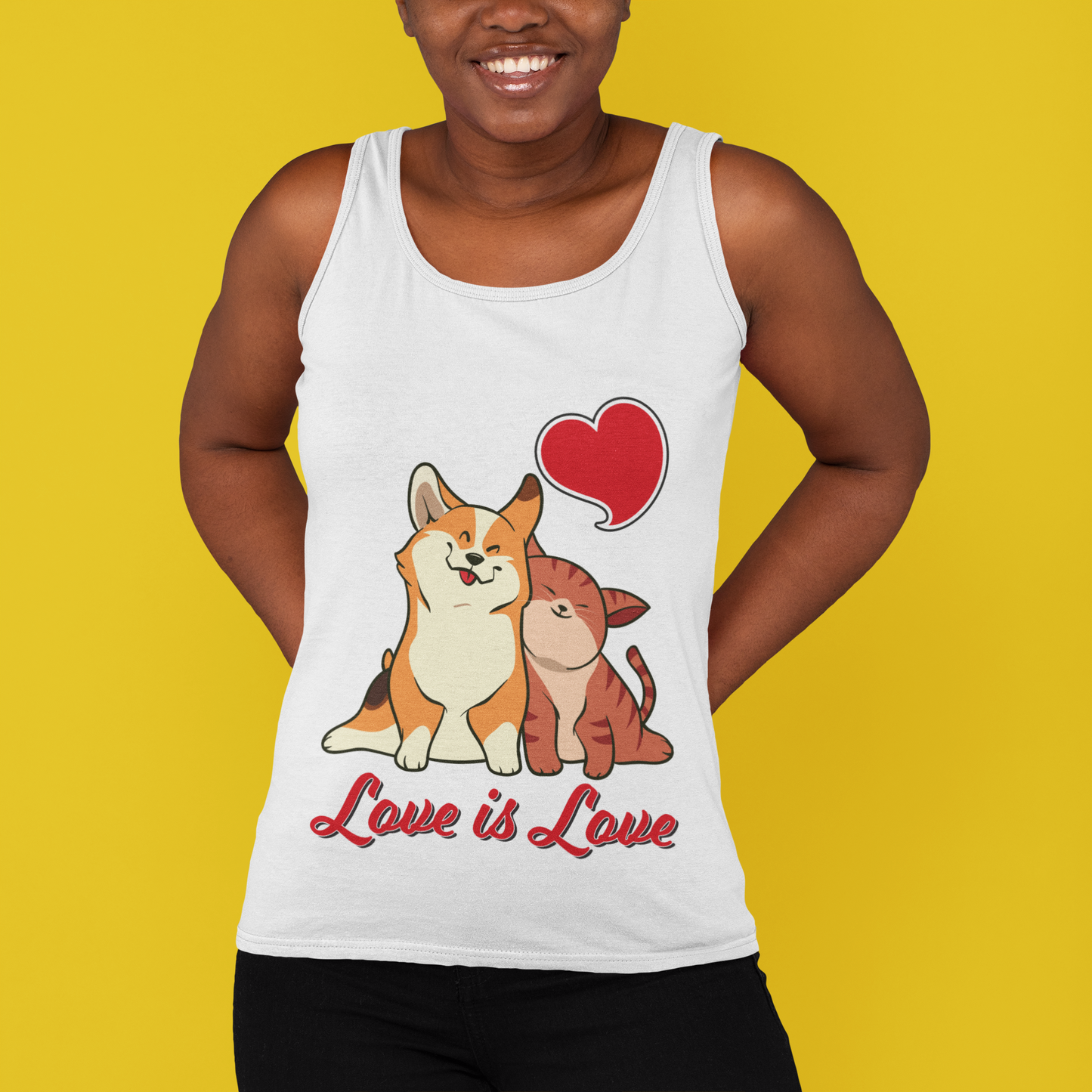 A model wearing a racerback tank top with a corgi snuggling a cat. The text says "Love is Love" and the tank top is white.